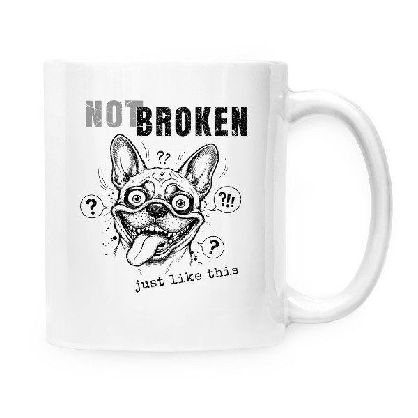 Hrnek malý bílý s potiskem Pro ajťáky s buldočkem-NOT BROKEN